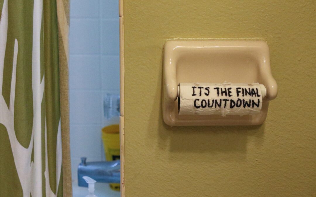 Image of an almost-empty roll of toilet paper with the words "It's the final countdown"