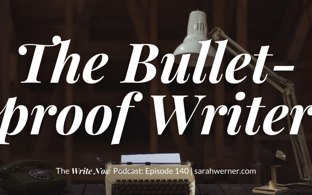 Image of a typewriter, over which is the title of this episode: "The Bulletproof Writer"