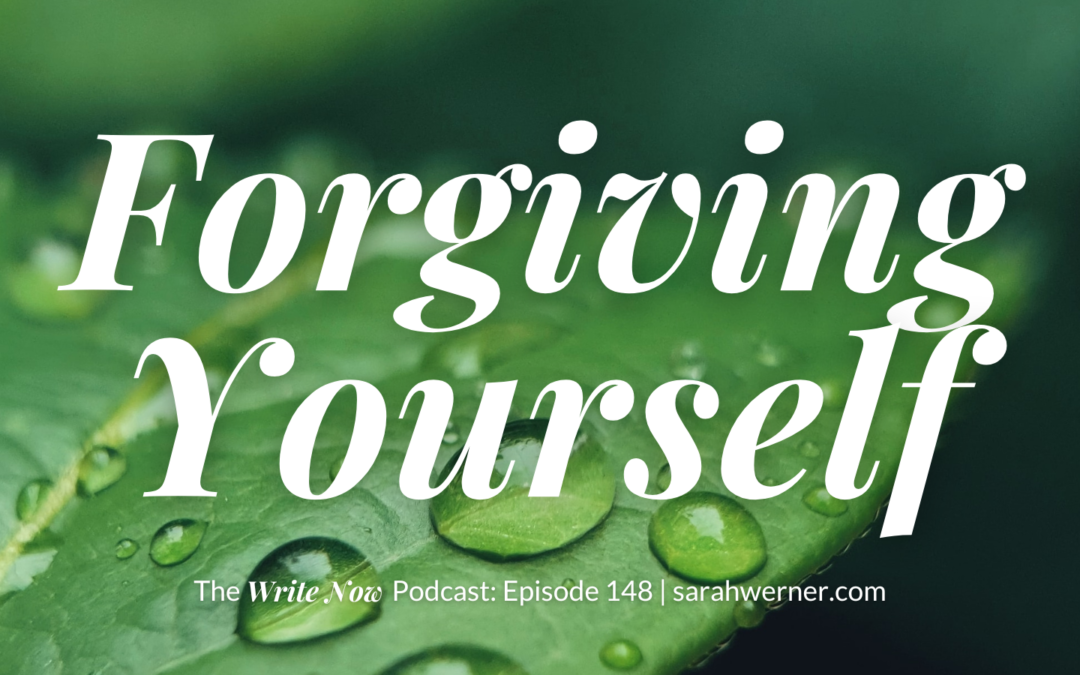 The words "Forgiving Yourself" superimposed over leaves covered in dew drops.